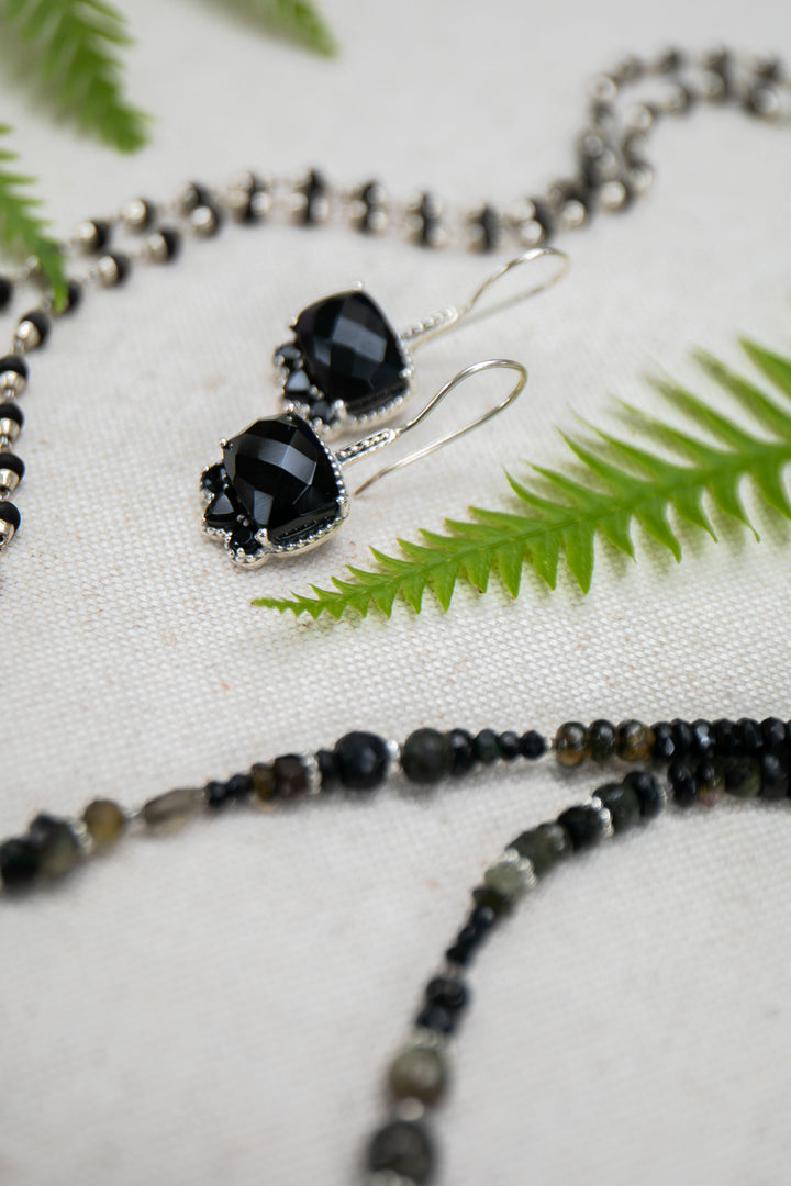 Black Onyx Decorative Earrings in Sterling Silver