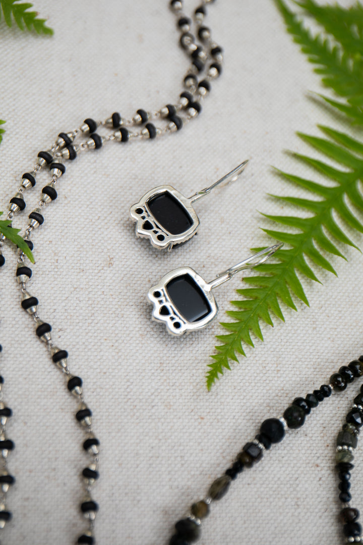 Black Onyx Decorative Earrings in Sterling Silver