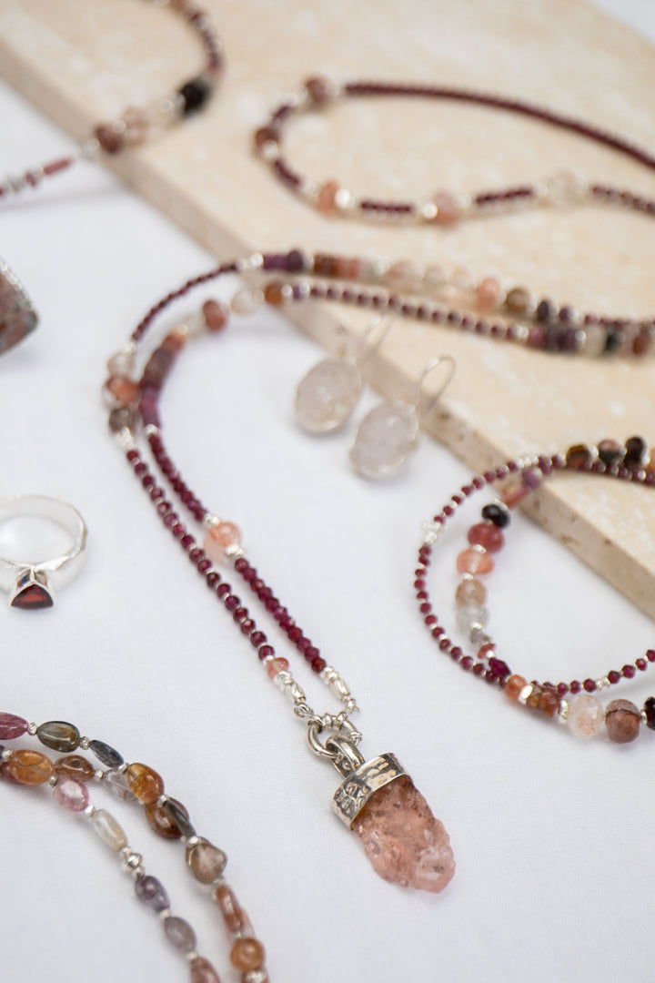 Long Garnet, Cherry Quartz, Ruby, Tourmaline, Rutile Quartz and Thai Hill Tribe Silver Necklace