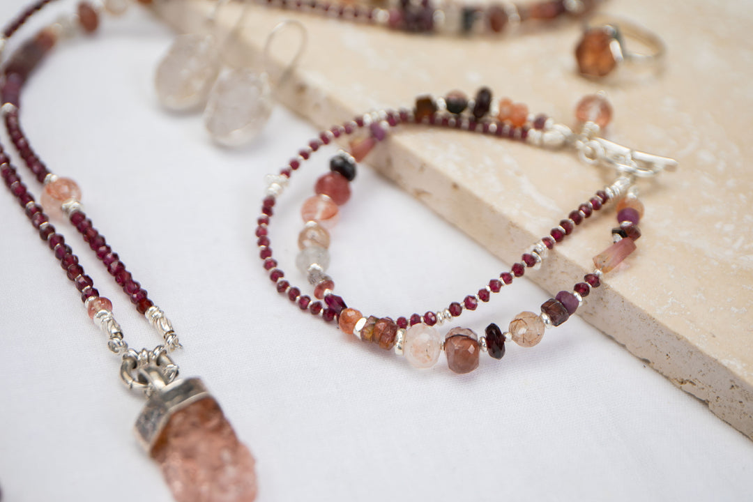 Garnet, Cherry Quartz, Ruby, Tourmaline, Rutile Quartz and Thai Hill Tribe Silver Bracelet