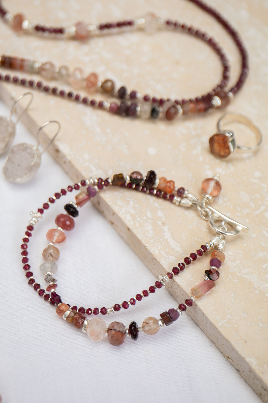 Garnet, Cherry Quartz, Ruby, Tourmaline, Rutile Quartz and Thai Hill Tribe Silver Bracelet