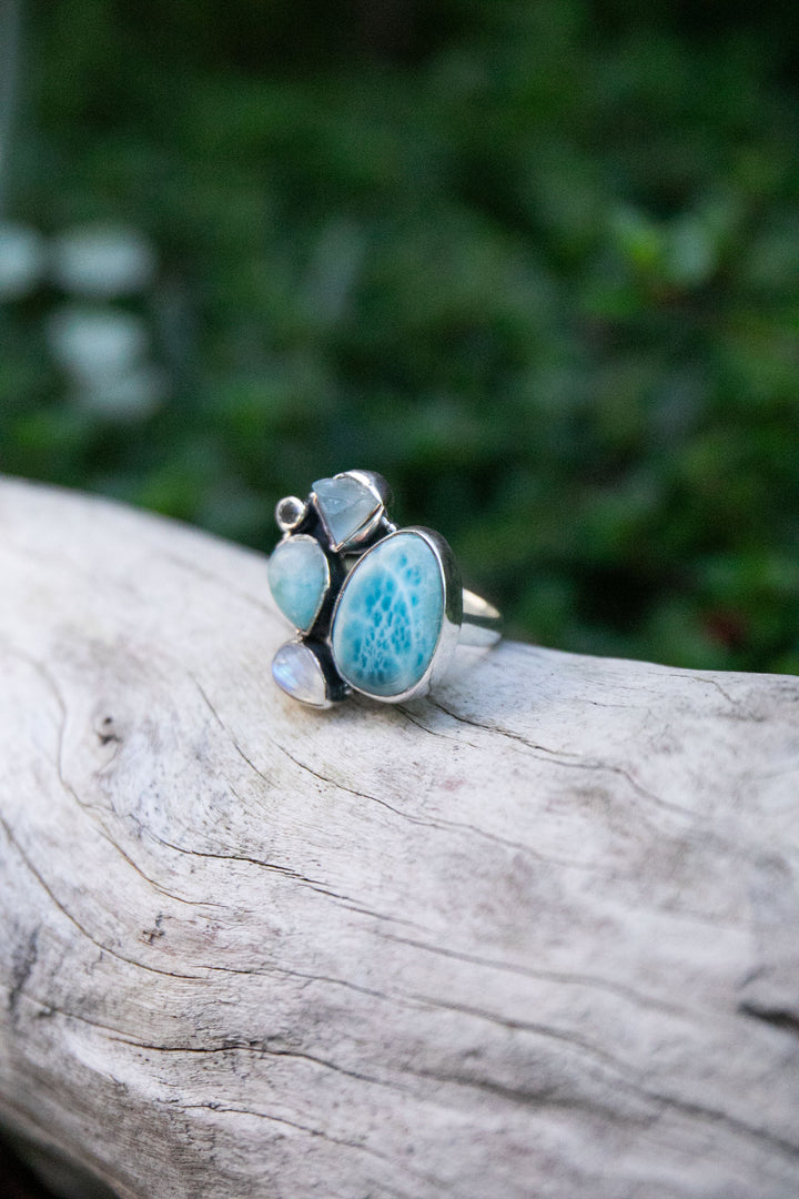 Multi Gemstone Ring with Larimar, Topaz and Rainbow Moonstone Sterling Silver - Size 7 US