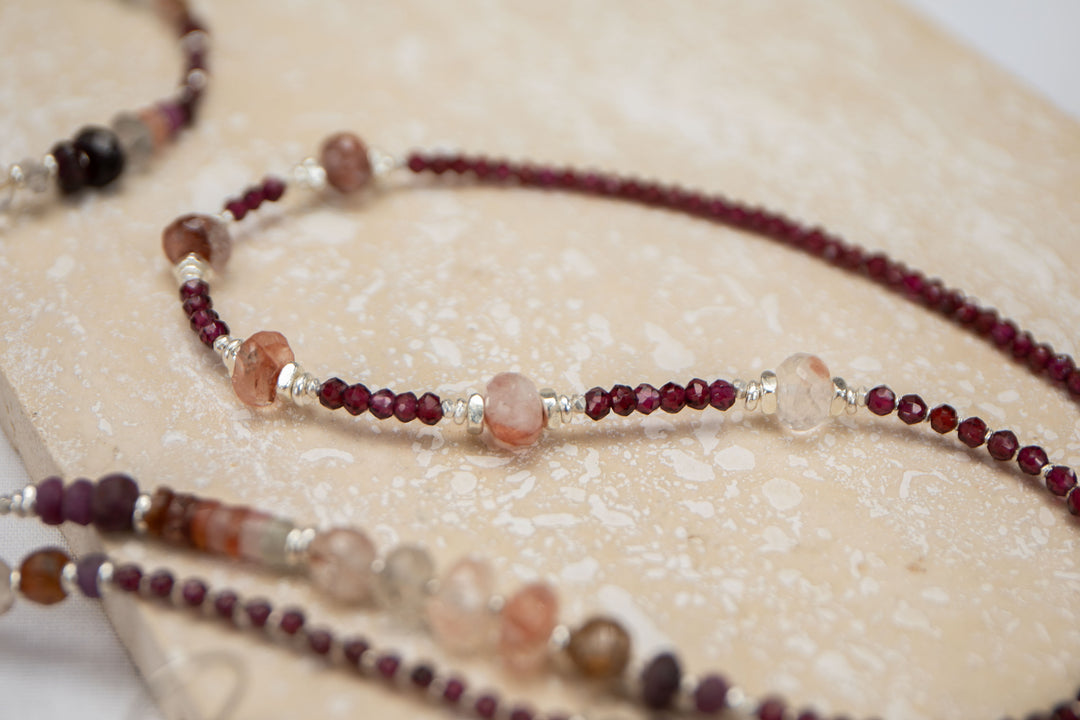 Long Garnet, Cherry Quartz, Ruby, Tourmaline, Rutile Quartz and Thai Hill Tribe Silver Necklace