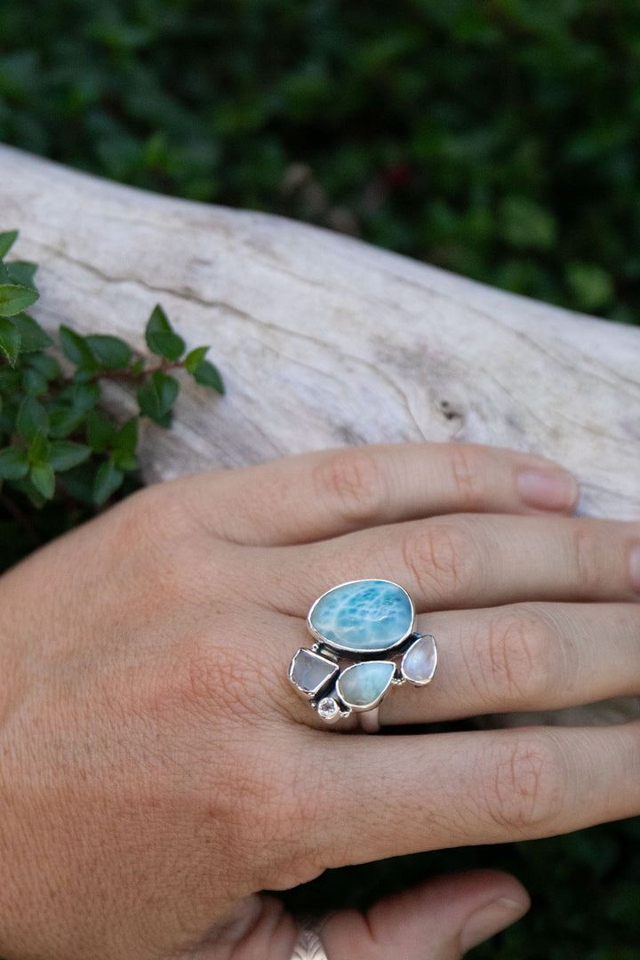 Multi Gemstone Ring with Larimar, Topaz and Rainbow Moonstone Sterling Silver - Size 7 US