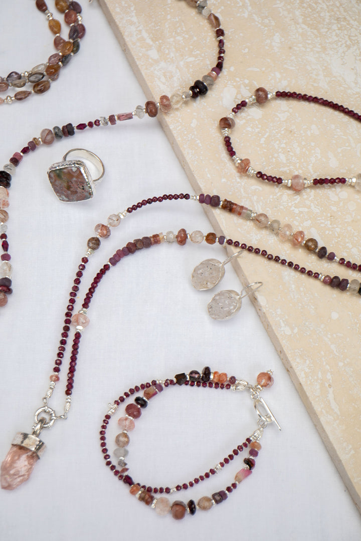 Long Garnet, Cherry Quartz, Ruby, Tourmaline, Rutile Quartz and Thai Hill Tribe Silver Necklace