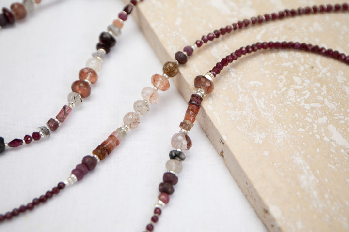 Long Garnet, Cherry Quartz, Ruby, Tourmaline, Rutile Quartz and Thai Hill Tribe Silver Necklace