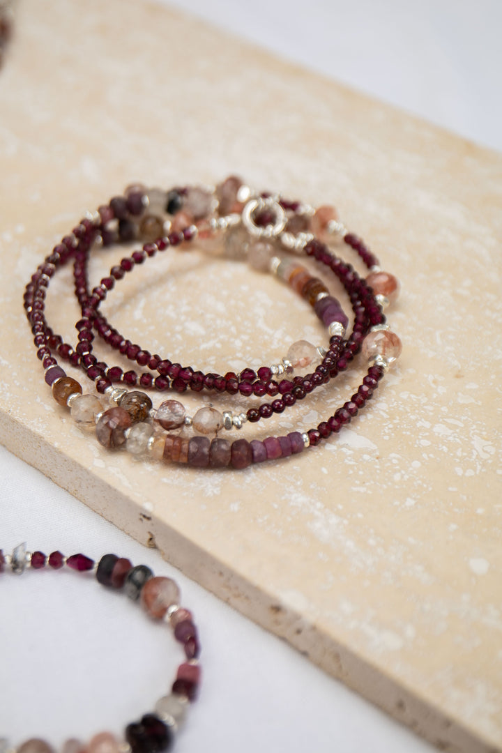 Long Garnet, Cherry Quartz, Ruby, Tourmaline, Rutile Quartz and Thai Hill Tribe Silver Necklace