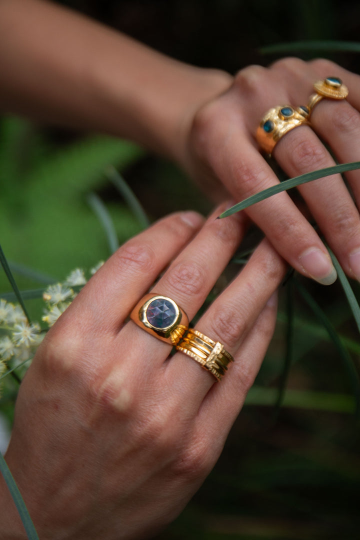 Black Ethiopian Opal Signet Ring set in 14k Gold Plated Sterling Silver - Size 6.5 US