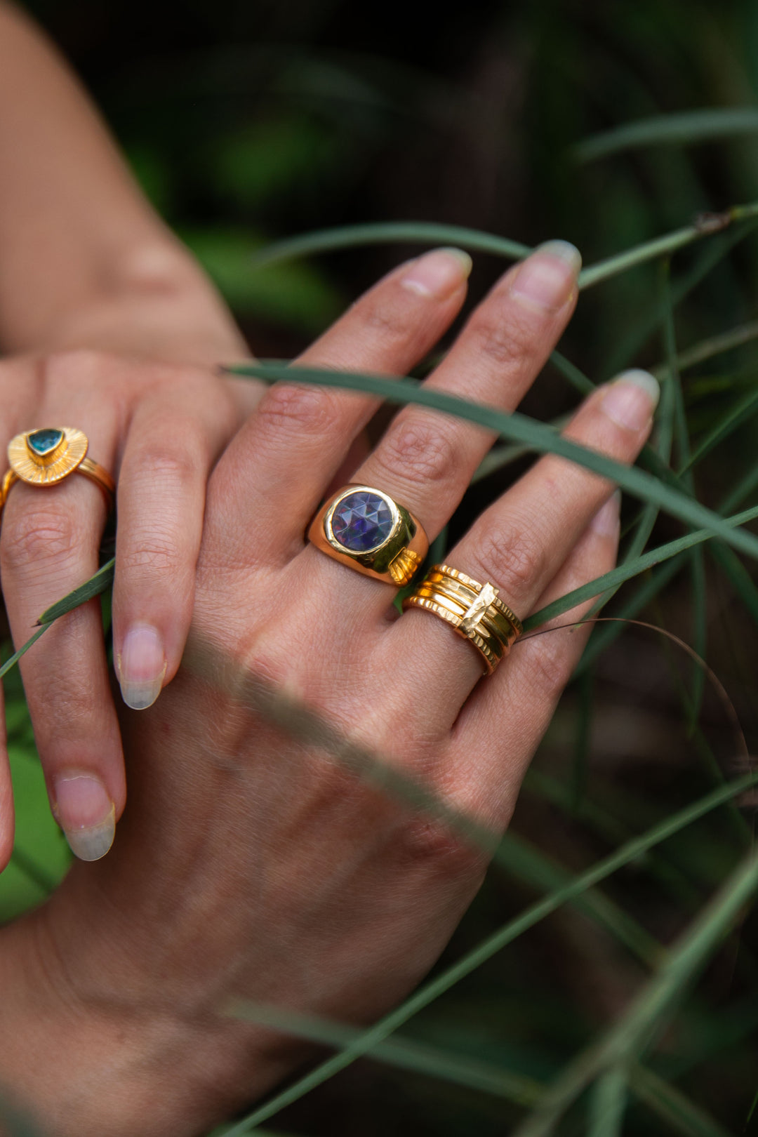 Black Ethiopian Opal Signet Ring set in 14k Gold Plated Sterling Silver - Size 6.5 US