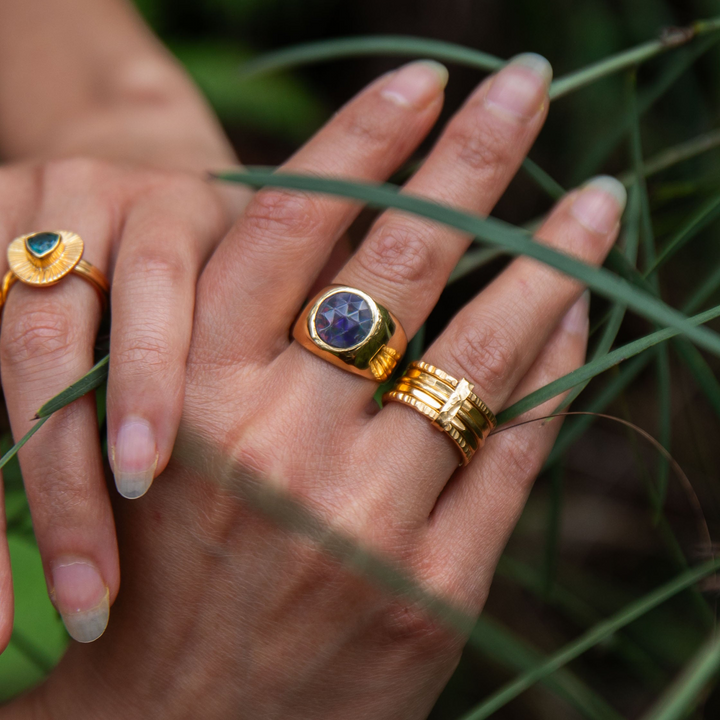 Black Ethiopian Opal Signet Ring set in 14k Gold Plated Sterling Silver - Size 6.5 US