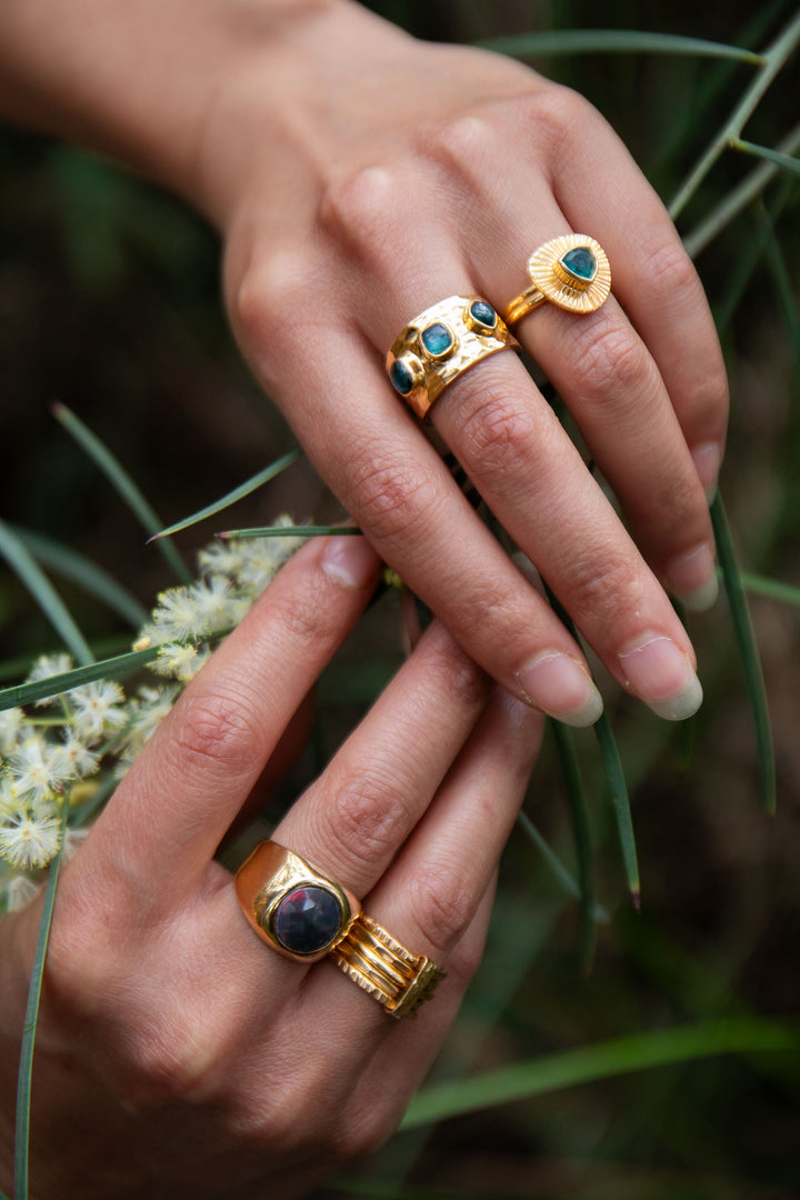 Black Ethiopian Opal Signet Ring set in 14k Gold Plated Sterling Silver - Size 6.5 US