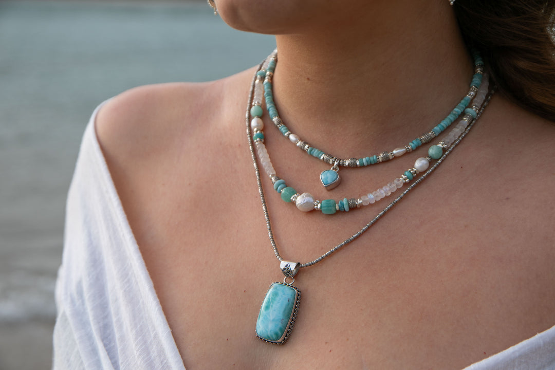 Beaded Larimar Short Necklace with Thai Hill Tribe Silver and Larimar Pendant