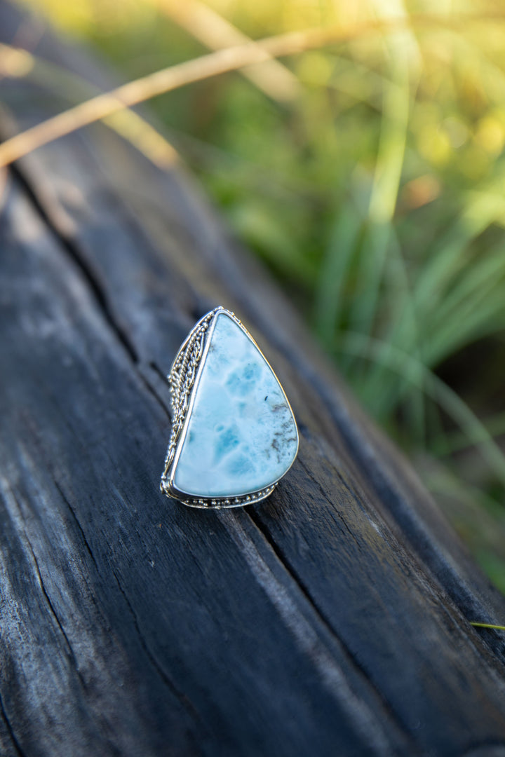 Statement Larimar Ring in Tribal Sterling Silver Setting - Size 8 US