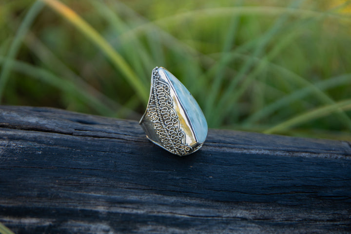 Statement Larimar Ring in Tribal Sterling Silver Setting - Size 8 US