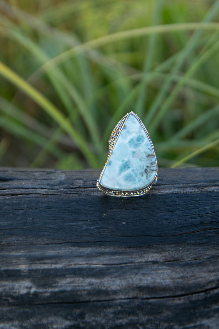 Statement Larimar Ring in Tribal Sterling Silver Setting - Size 8 US