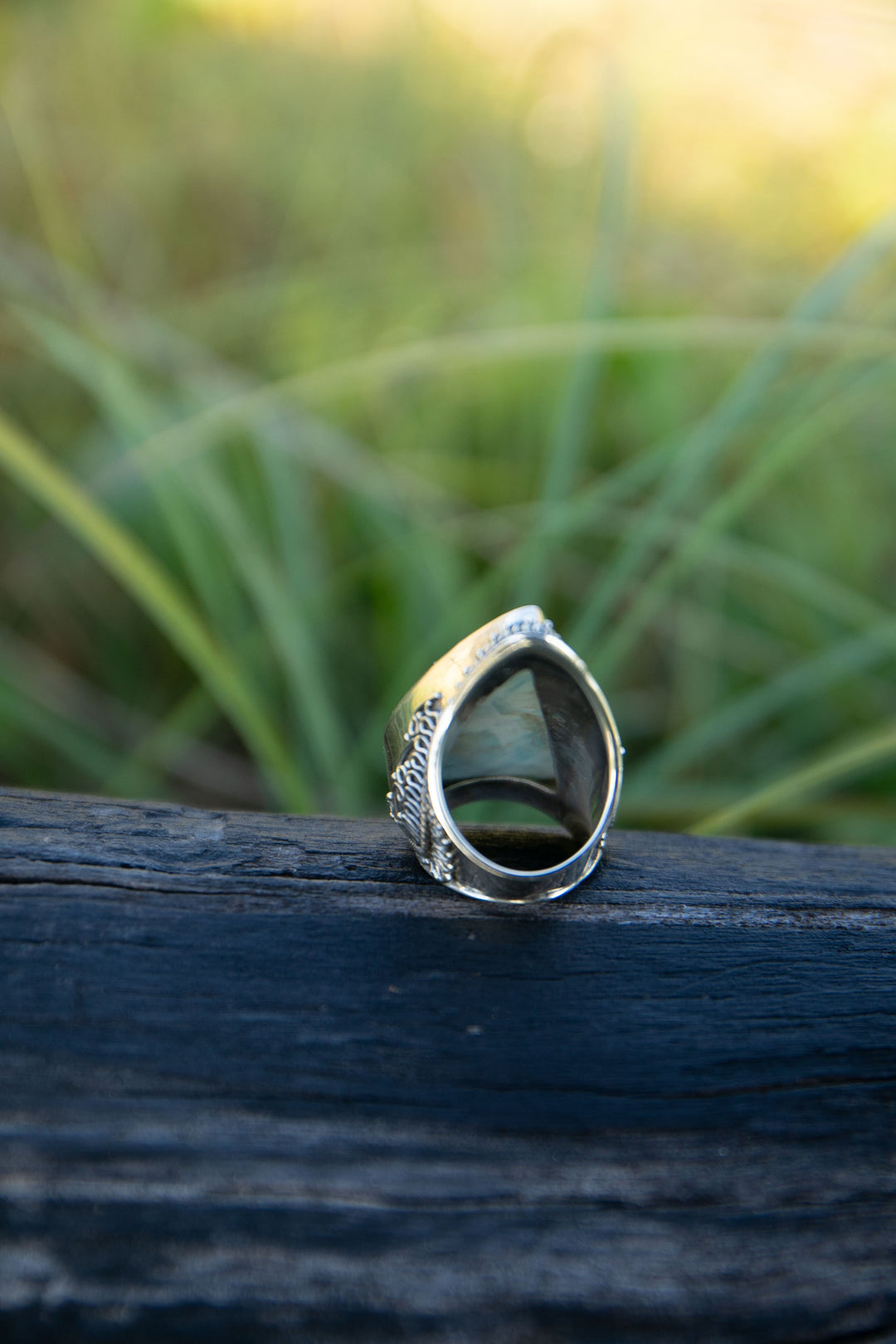 Statement Larimar Ring in Tribal Sterling Silver Setting - Size 8 US