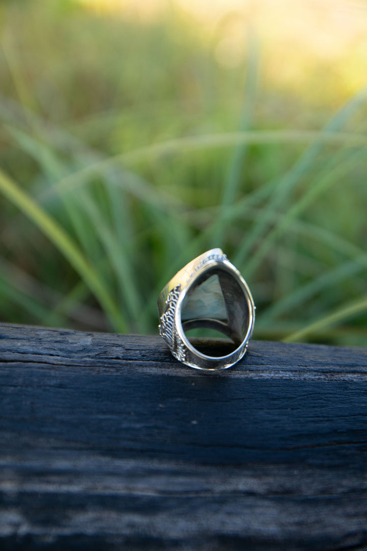Statement Larimar Ring in Tribal Sterling Silver Setting - Size 8 US