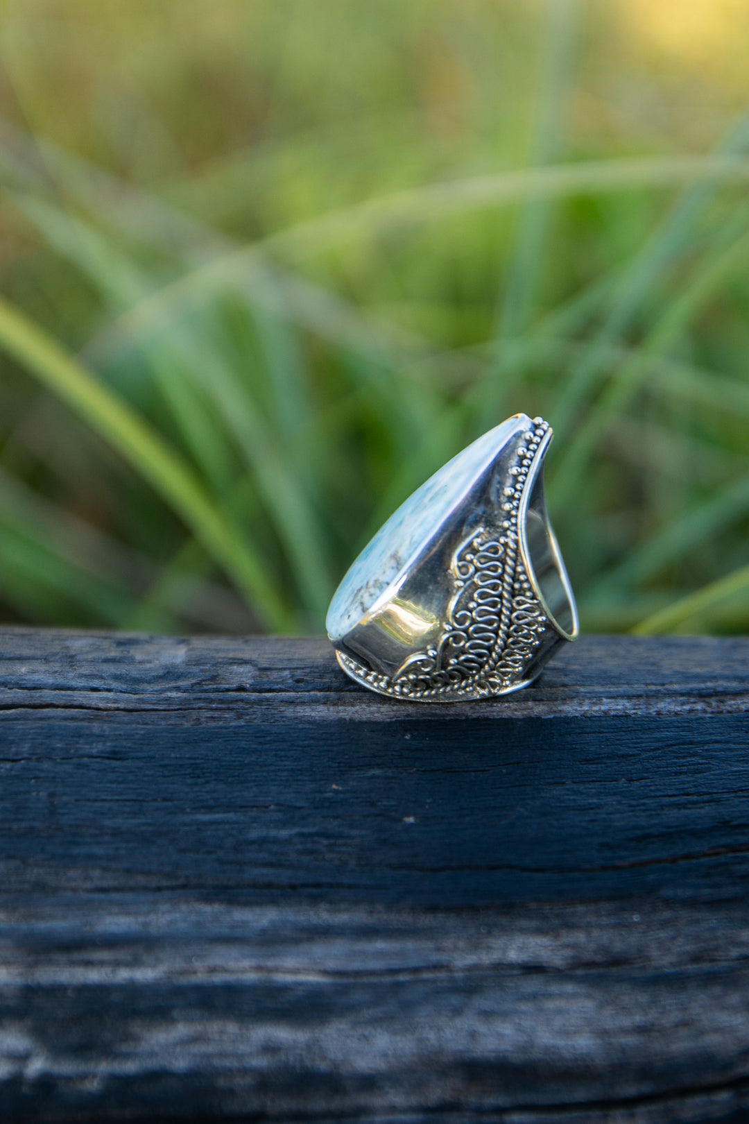 Statement Larimar Ring in Tribal Sterling Silver Setting - Size 8 US
