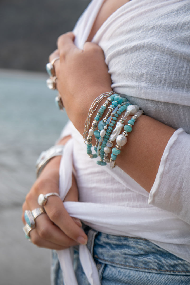 Pearl, Larimar, Amazonite and Rainbow Moonstone Bracelet with Thai Hill Tribe Silver