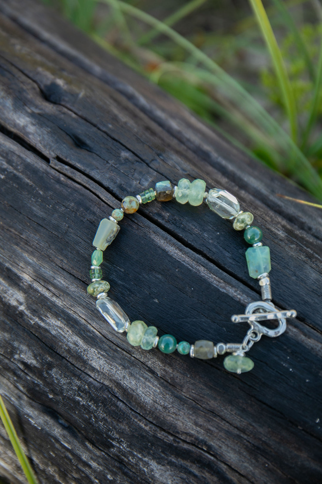Mixed Gemstone and Prehnite Bracelet with Thai Hill Tribe Silver