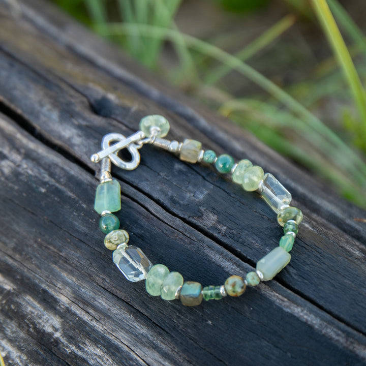 Mixed Gemstone and Prehnite Bracelet with Thai Hill Tribe Silver