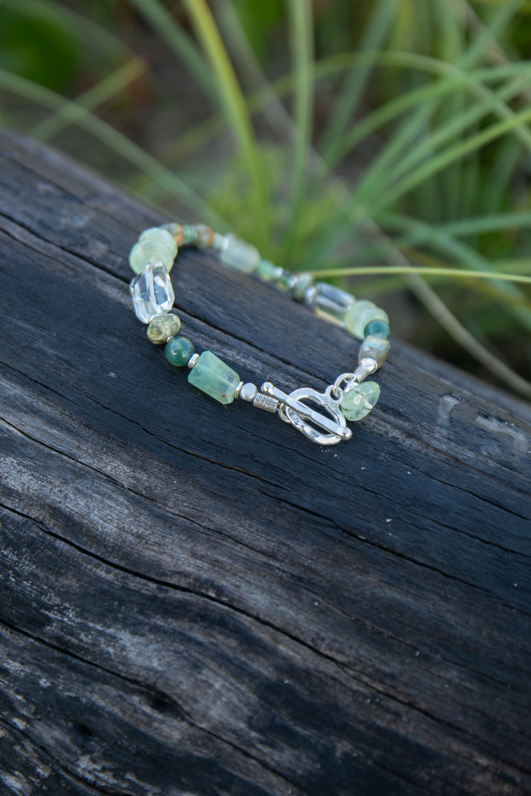 Mixed Gemstone and Prehnite Bracelet with Thai Hill Tribe Silver