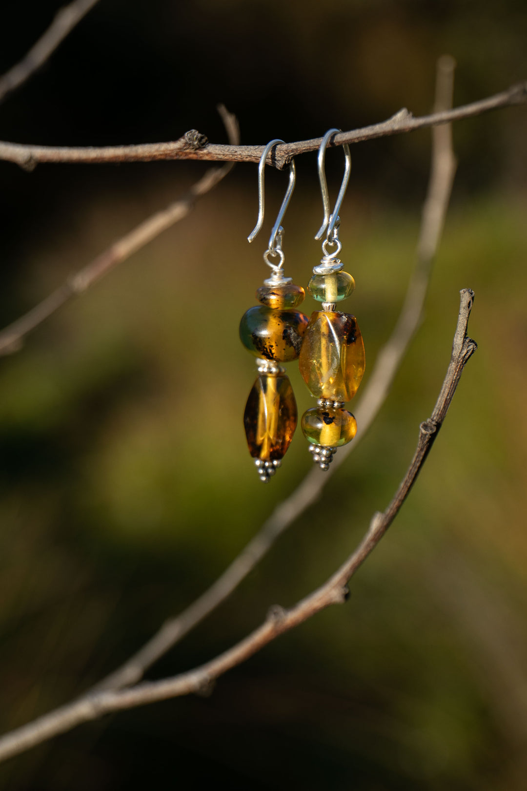 Beaded Amber and Thai Hill Tribe Silver Earrings
