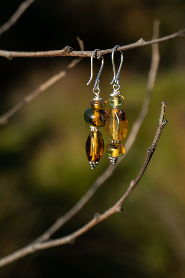 Beaded Amber and Thai Hill Tribe Silver Earrings