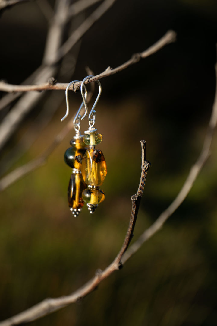 Beaded Amber and Thai Hill Tribe Silver Earrings