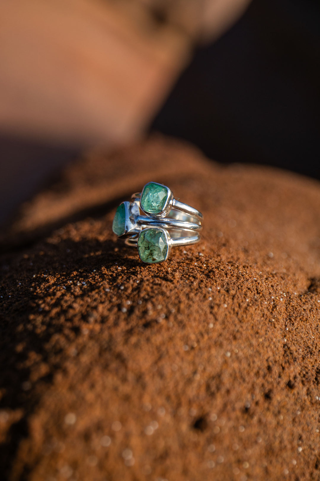Triple Green Emerald Ring in 92.5% Sterling Silver Band - Size 7.5 US