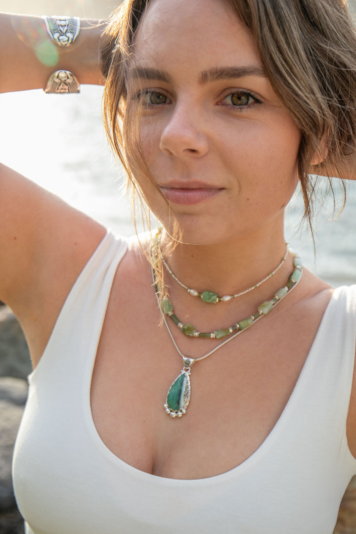 Peruvian Opal, Green Tourmaline & Aquamarine Necklace with Thai Hill Tribe Silver Necklace