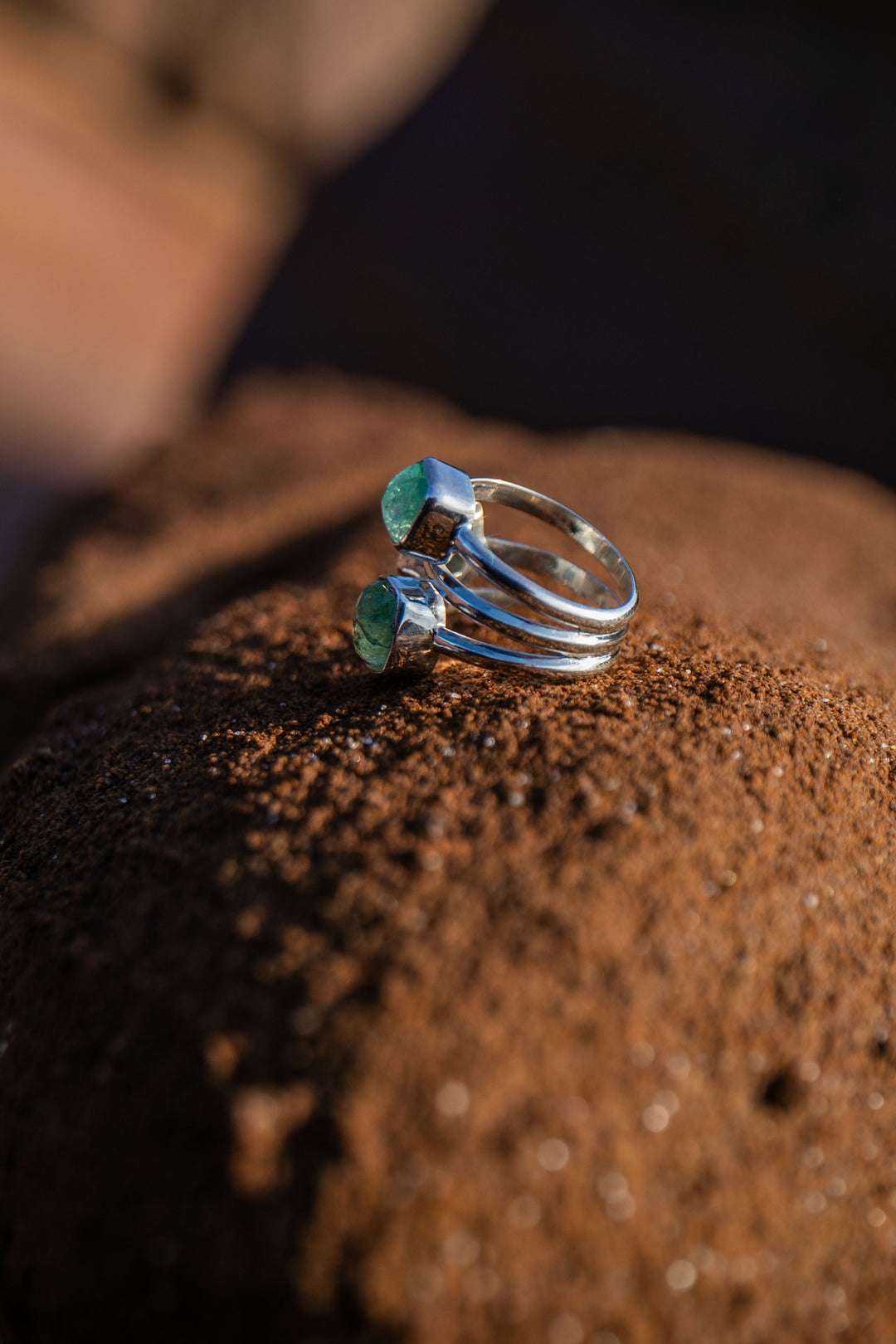 Triple Green Emerald Ring in 92.5% Sterling Silver Band - Size 7.5 US