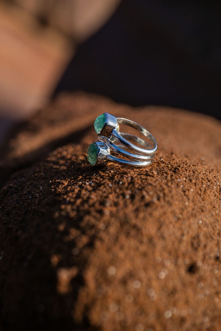 Triple Green Emerald Ring in 92.5% Sterling Silver Band - Size 7.5 US