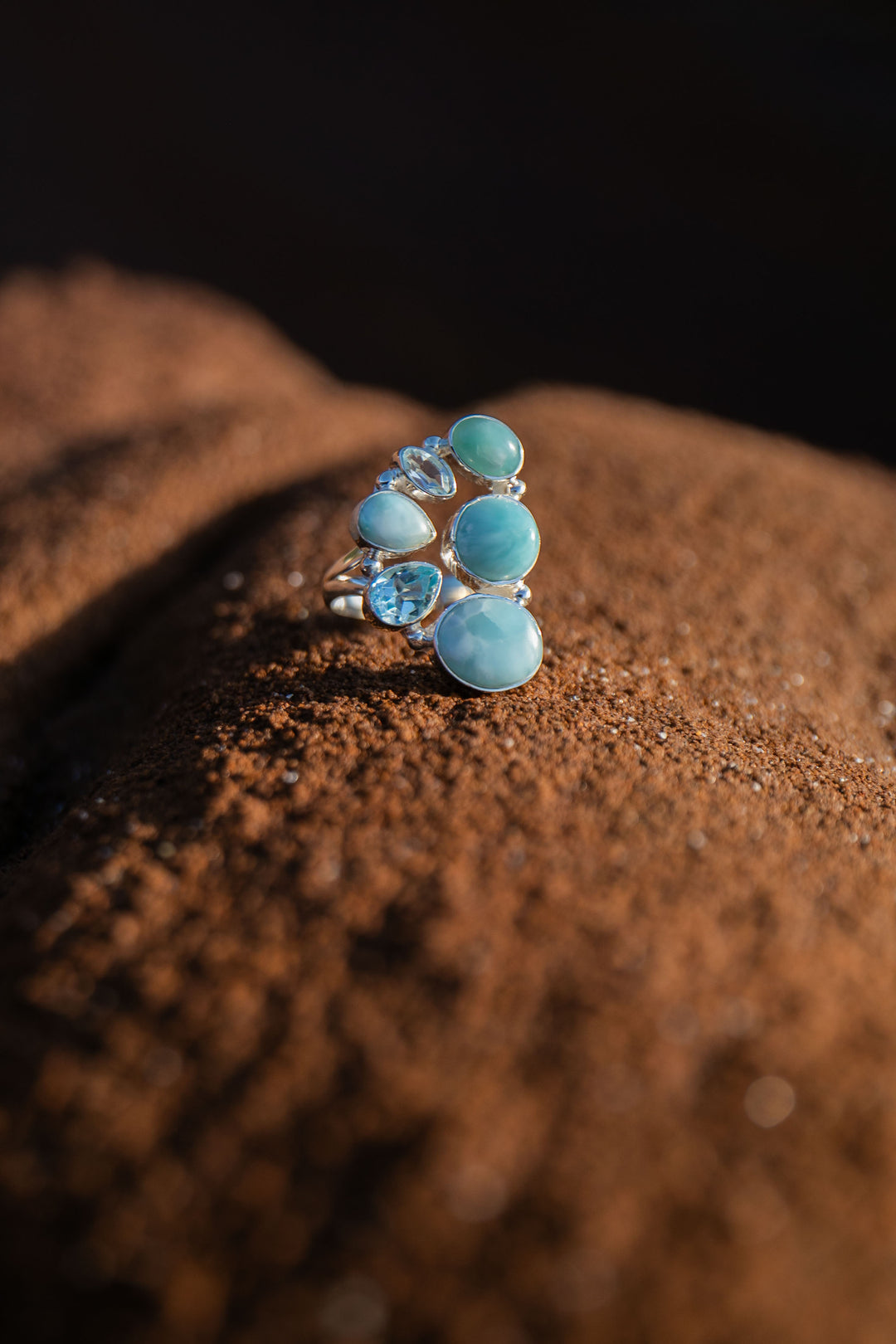 Multi Gemstone Ring with Larimar and Topaz  in Sterling Silver - Size 8 US