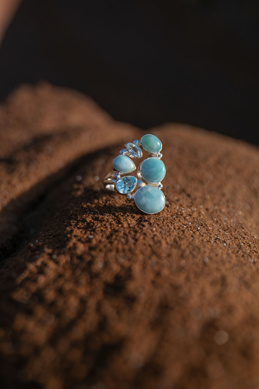 Multi Gemstone Ring with Larimar and Topaz  in Sterling Silver - Size 8 US