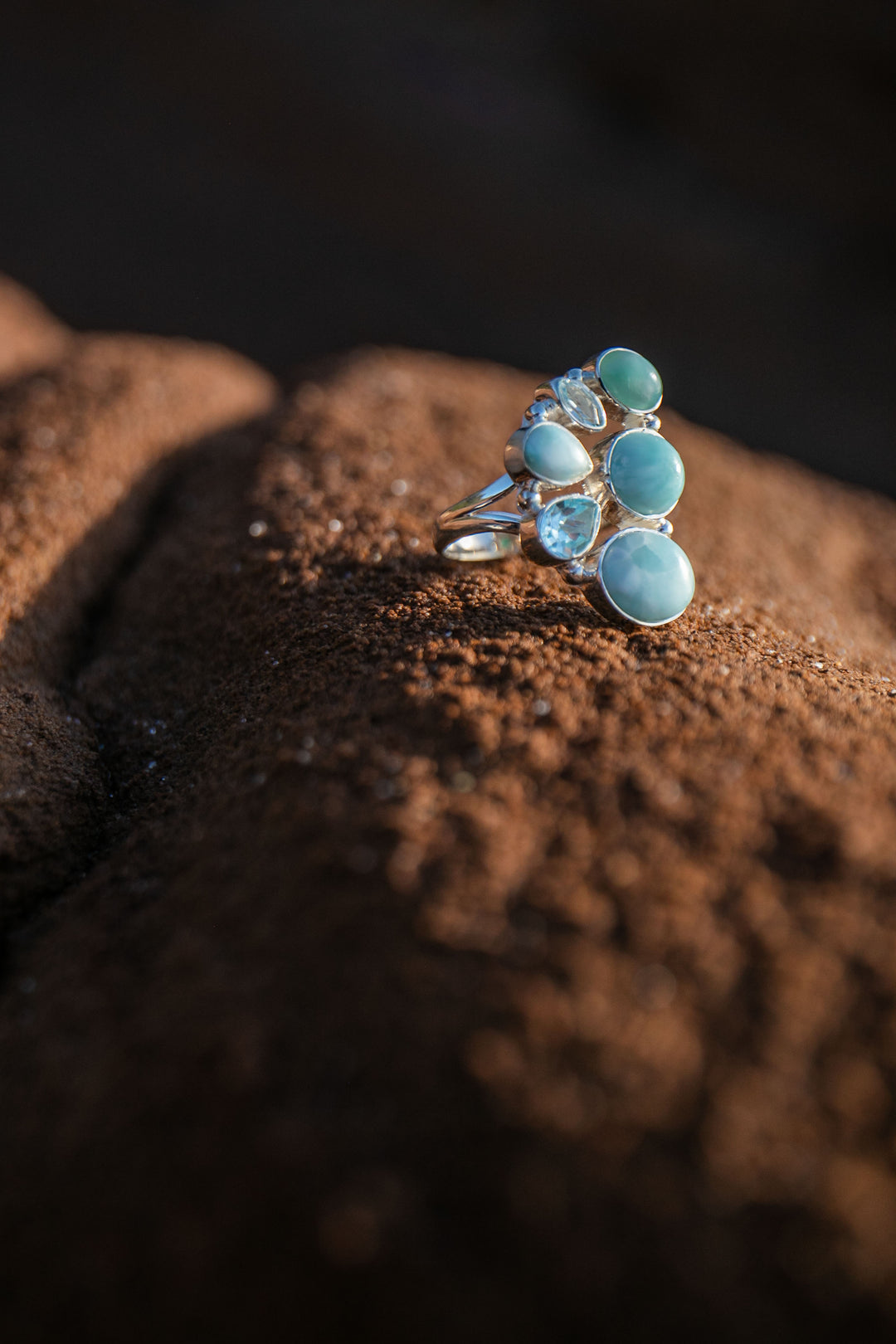 Multi Gemstone Ring with Larimar and Topaz  in Sterling Silver - Size 8 US
