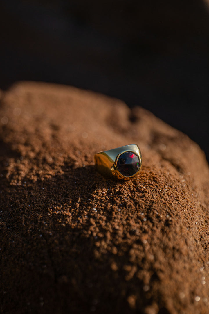 Black Ethiopian Opal Signet Ring set in 14k Gold Plated Sterling Silver - Size 6.5 US