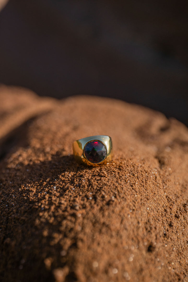 Black Ethiopian Opal Signet Ring set in 14k Gold Plated Sterling Silver - Size 6.5 US