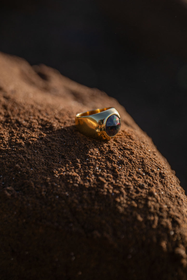 Black Ethiopian Opal Signet Ring set in 14k Gold Plated Sterling Silver - Size 6.5 US