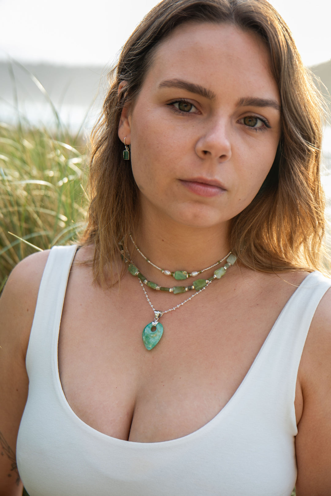 Peruvian Opal, Green Tourmaline & Aquamarine Necklace with Thai Hill Tribe Silver Necklace