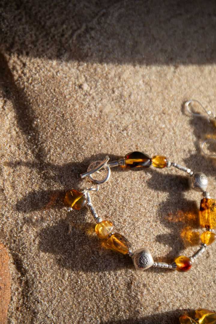 Beaded Amber and Thai Hill Tribe Silver Bracelet