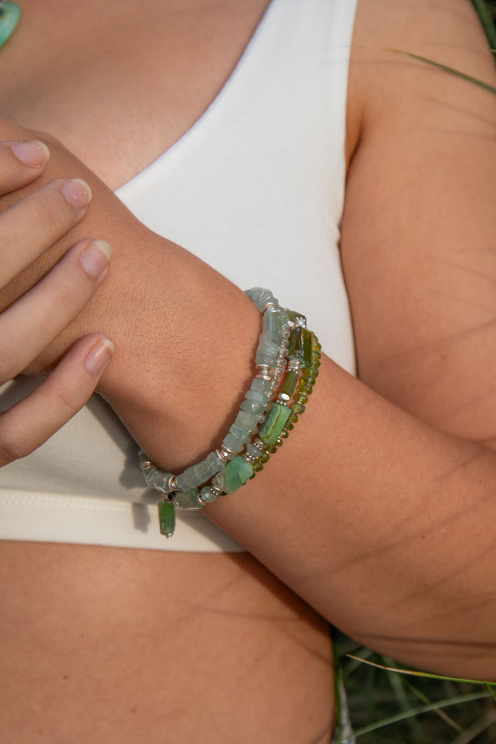 Peruvian Opal, Green Tourmaline & Aquamarine Bracelet with Thai Hill Tribe Silver