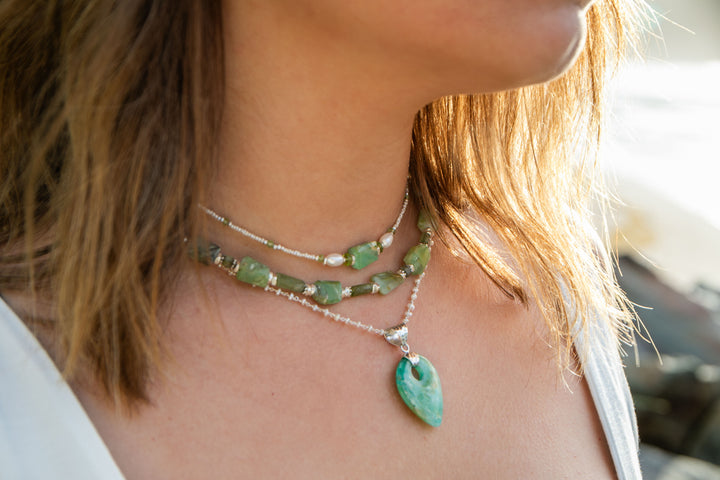 Peruvian Opal, Green Tourmaline & Aquamarine Necklace with Thai Hill Tribe Silver Necklace