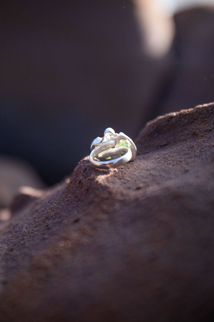 Raw and Faceted Peridot Ring in Sterling Silver - Adjustable