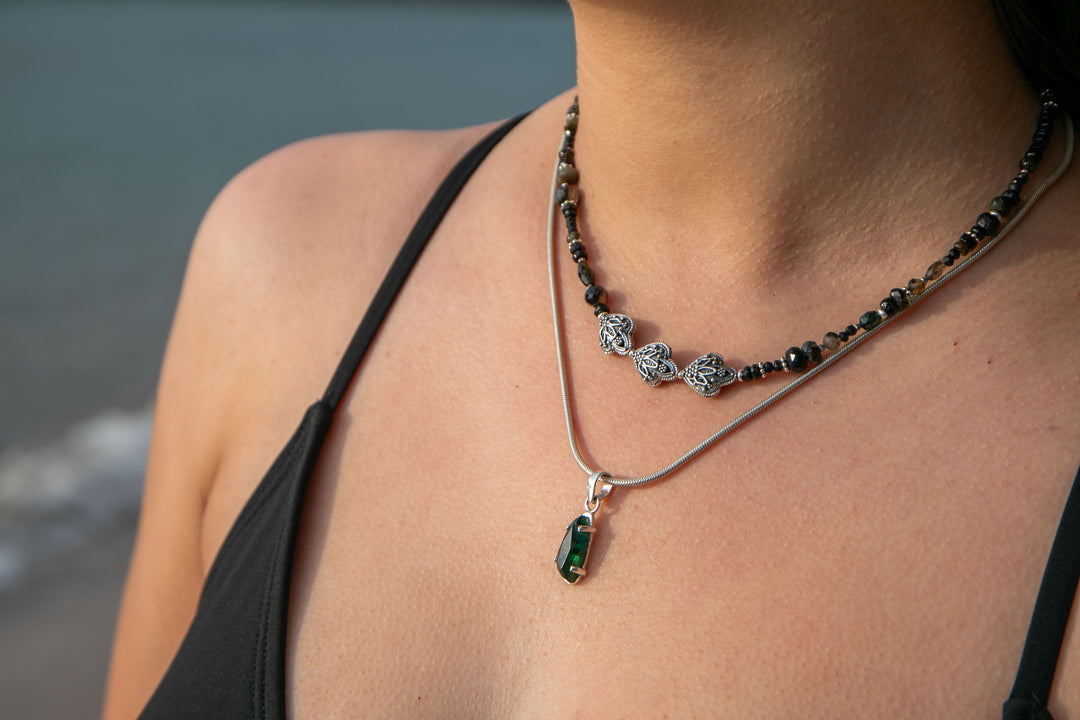 Black Spinel & Tourmaline Necklace with Thai Hill Tribe Silver Beads