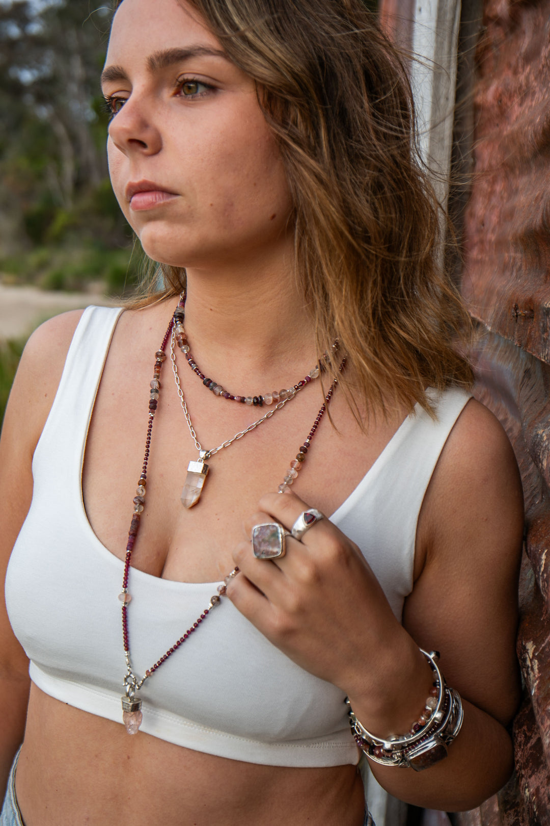 Mixed Garnet, Cherry Quartz, Ruby, Tourmaline, Rutile Quartz and Thai Hill Tribe Silver Necklace (Copy)