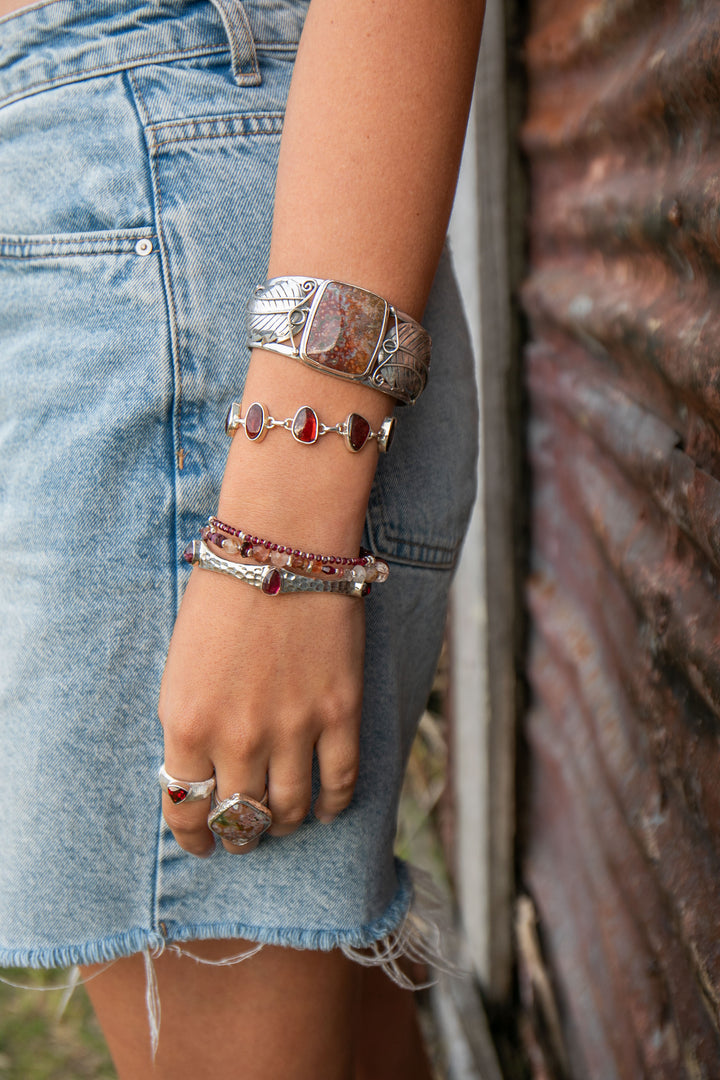 Garnet, Cherry Quartz, Ruby, Tourmaline, Rutile Quartz and Thai Hill Tribe Silver Bracelet