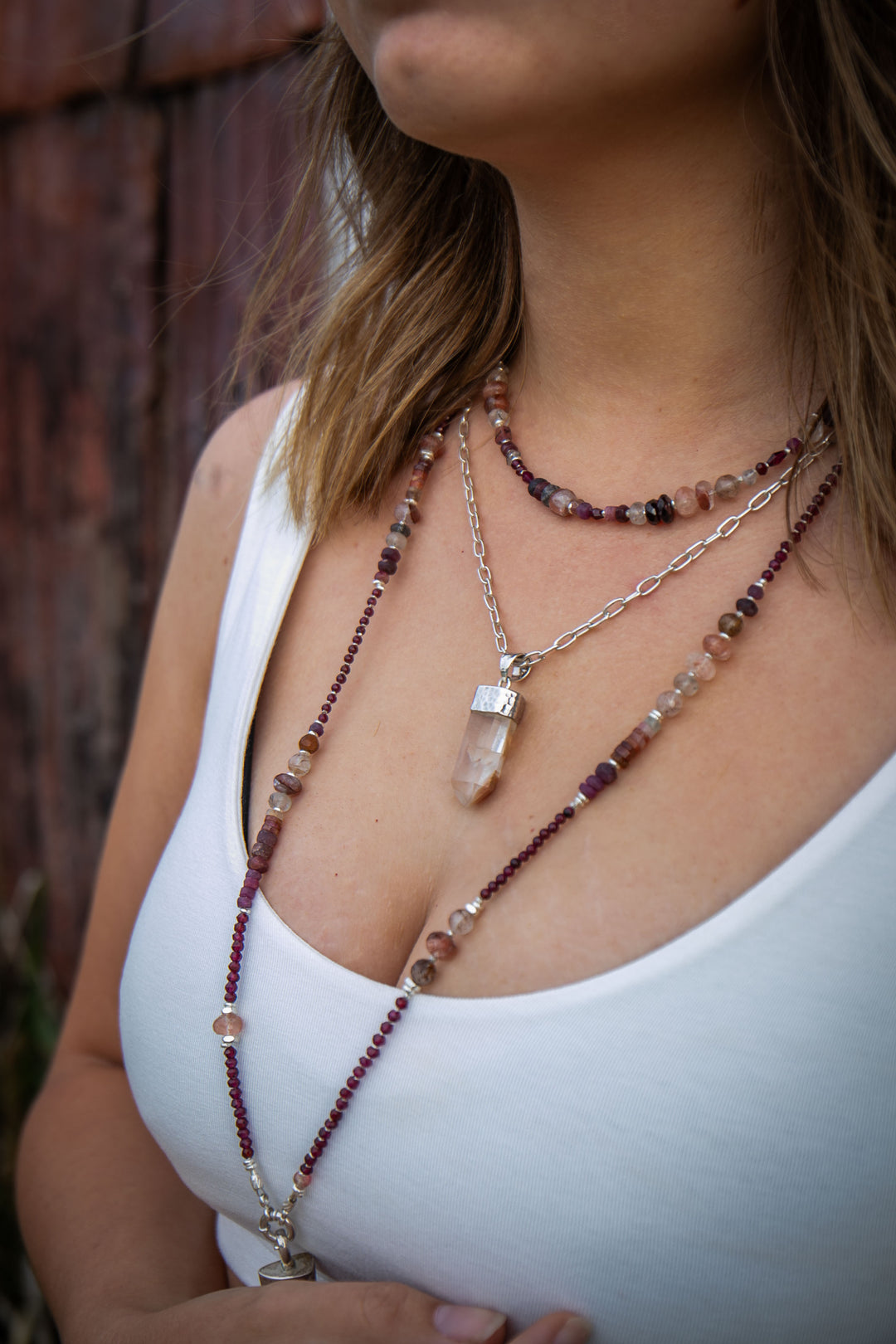 Long Garnet, Cherry Quartz, Ruby, Tourmaline, Rutile Quartz and Thai Hill Tribe Silver Necklace