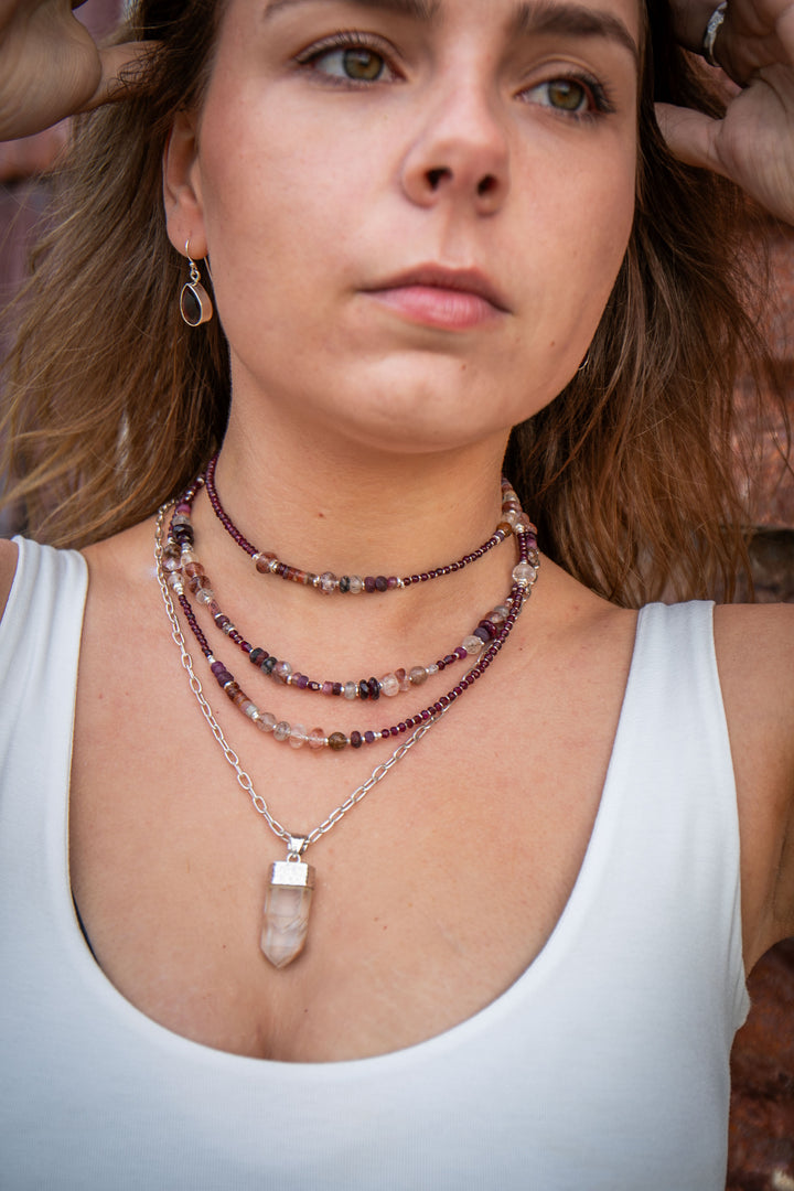 Long Garnet, Cherry Quartz, Ruby, Tourmaline, Rutile Quartz and Thai Hill Tribe Silver Necklace