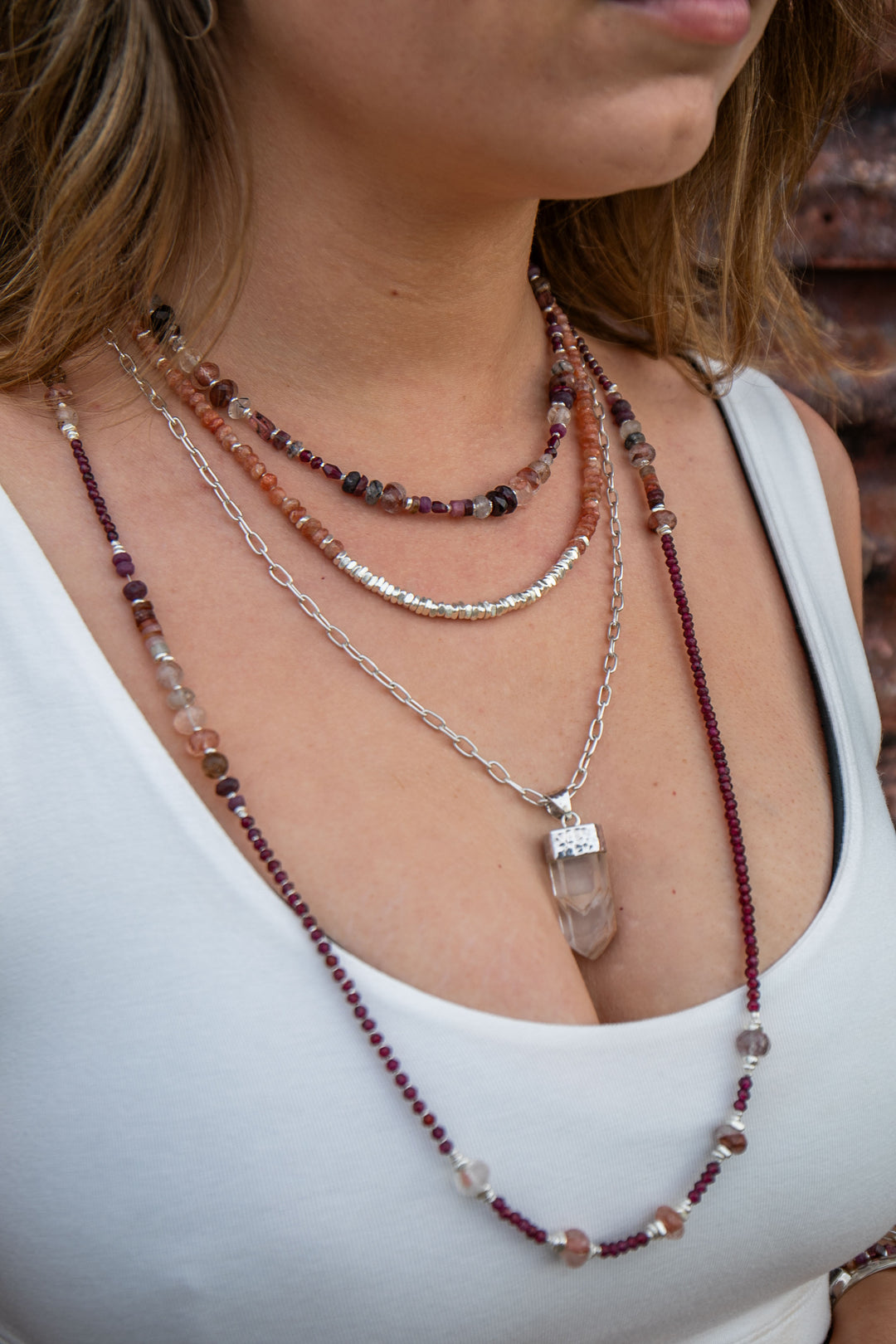 Long Garnet, Cherry Quartz, Ruby, Tourmaline, Rutile Quartz and Thai Hill Tribe Silver Necklace